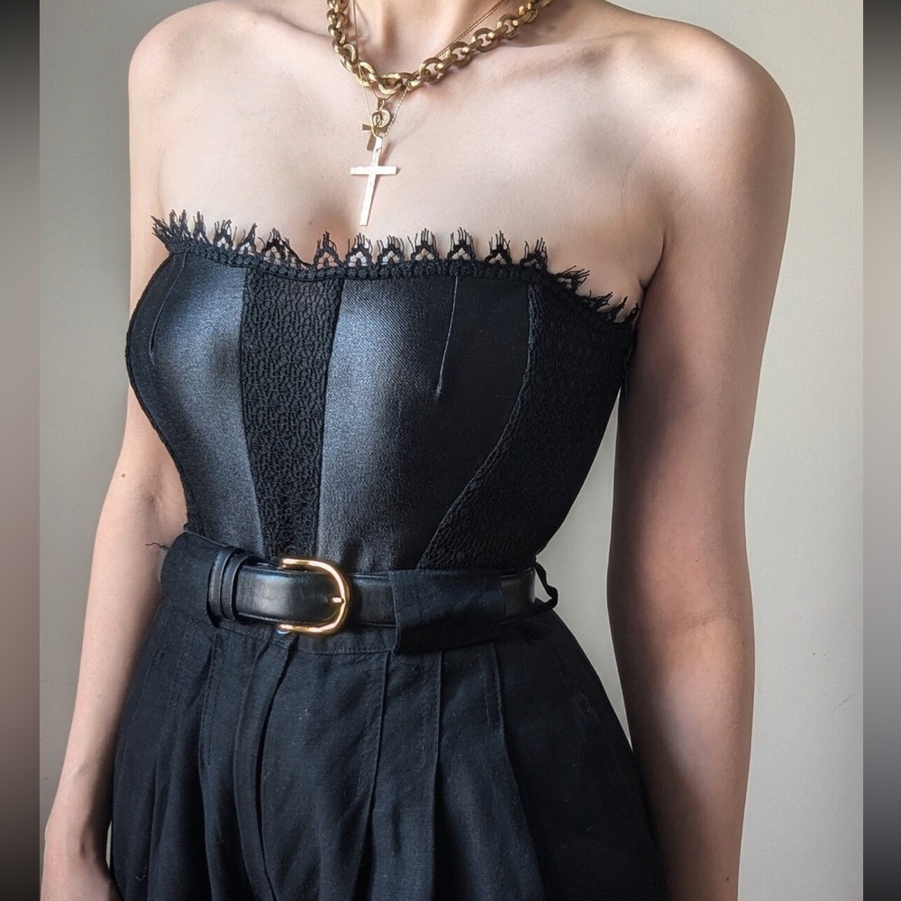 New🖤La Perla 2014 black lace and silk mini cropped corset 34B #009